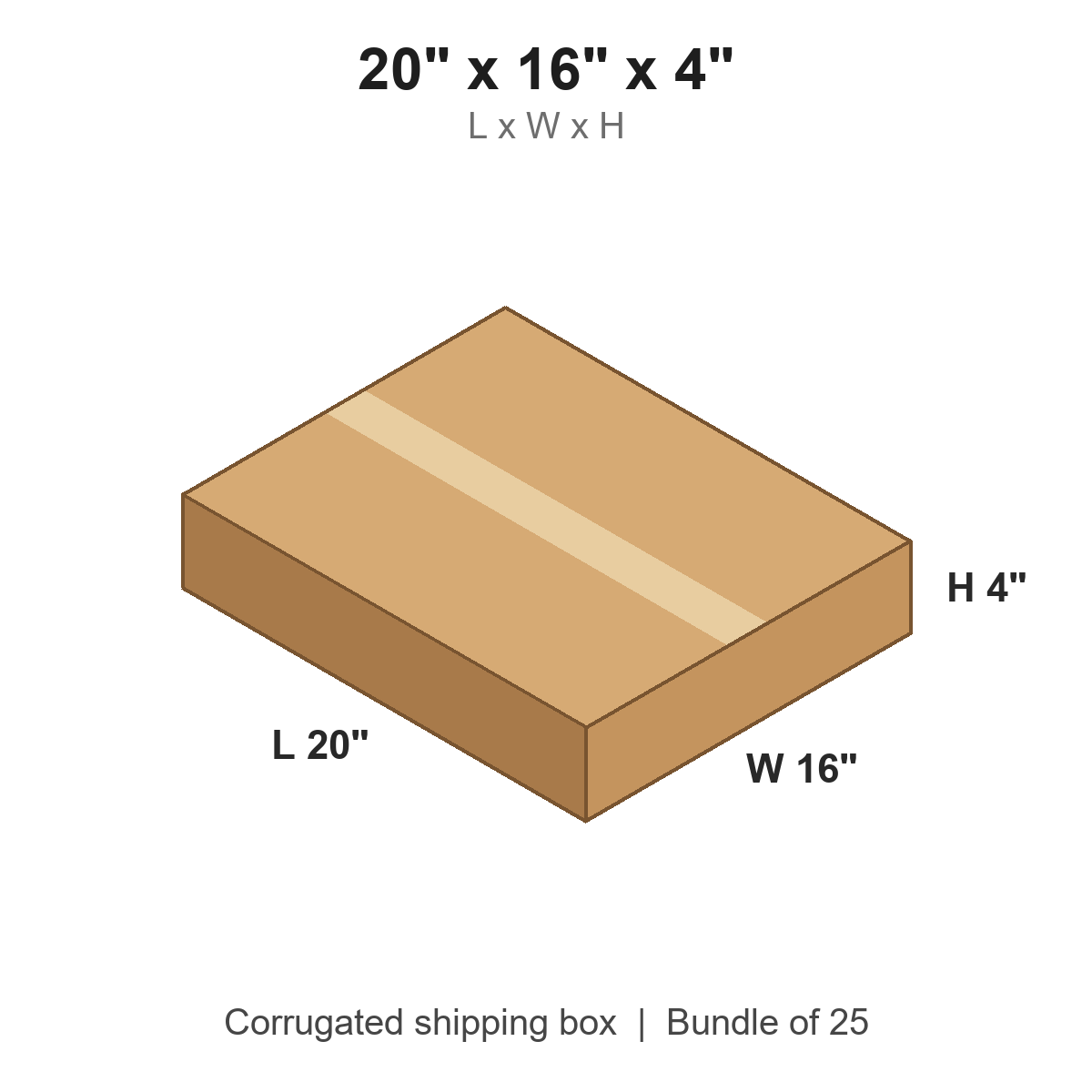 20x16x4 Flat Corrugated Shipping Boxes (20 x 16 x 4 in), Bundle of 25