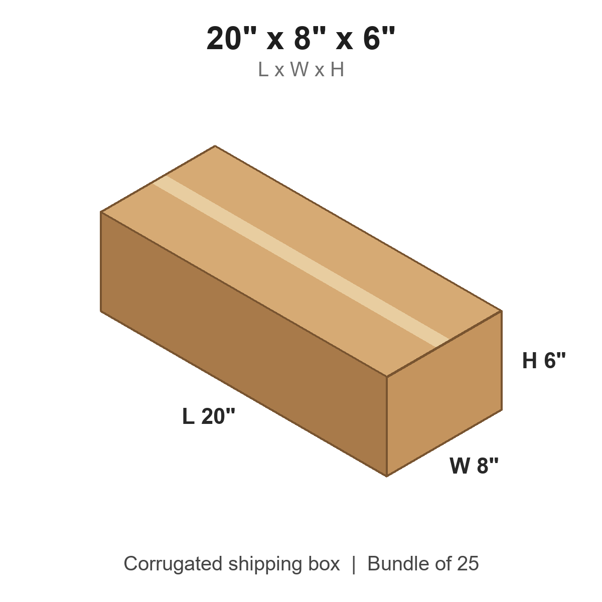 20x8x6 Long Corrugated Shipping Boxes (20 x 8 x 6 in), Bundle of 25
