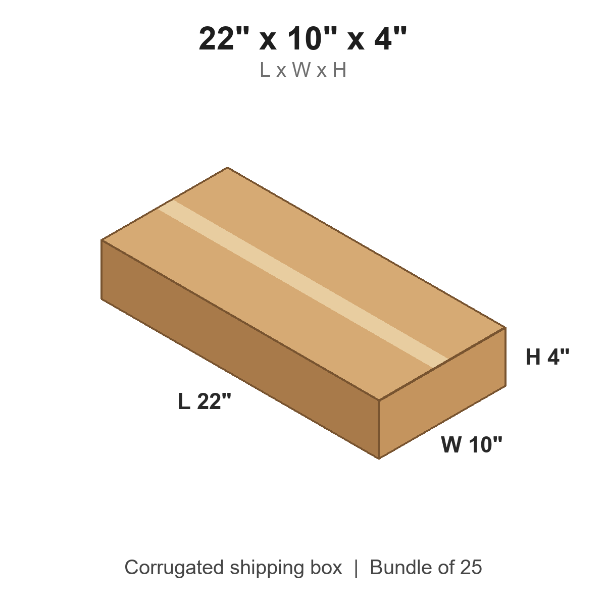 22x10x4 Flat Corrugated Shipping Boxes (22 x 10 x 4 in), Bundle of 25