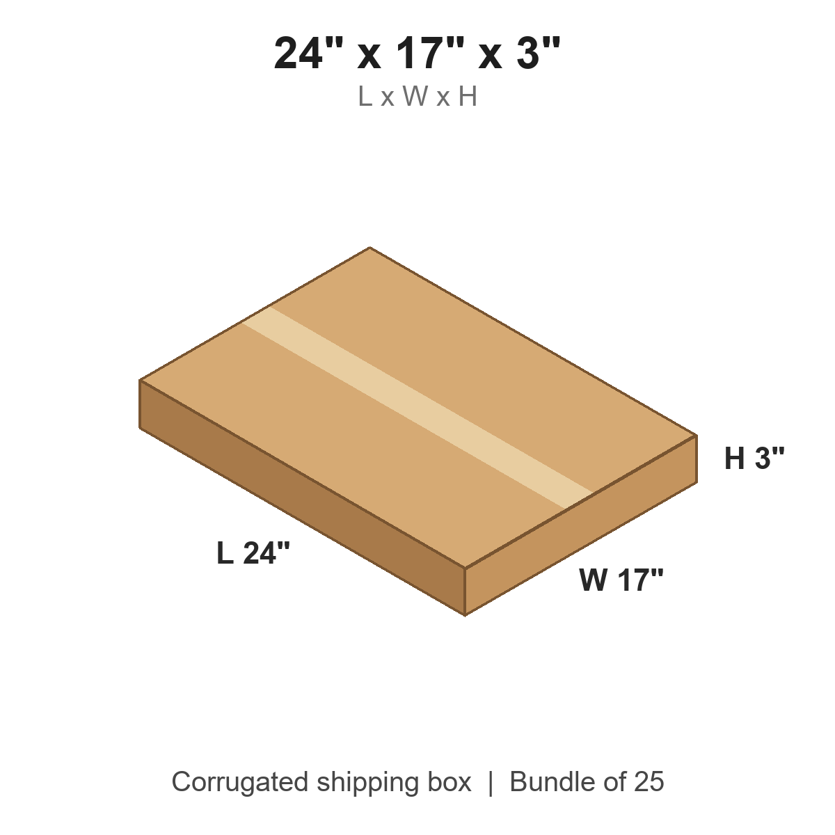 24x17x3 Flat Corrugated Shipping Boxes (24 x 17 x 3 in), Bundle of 25