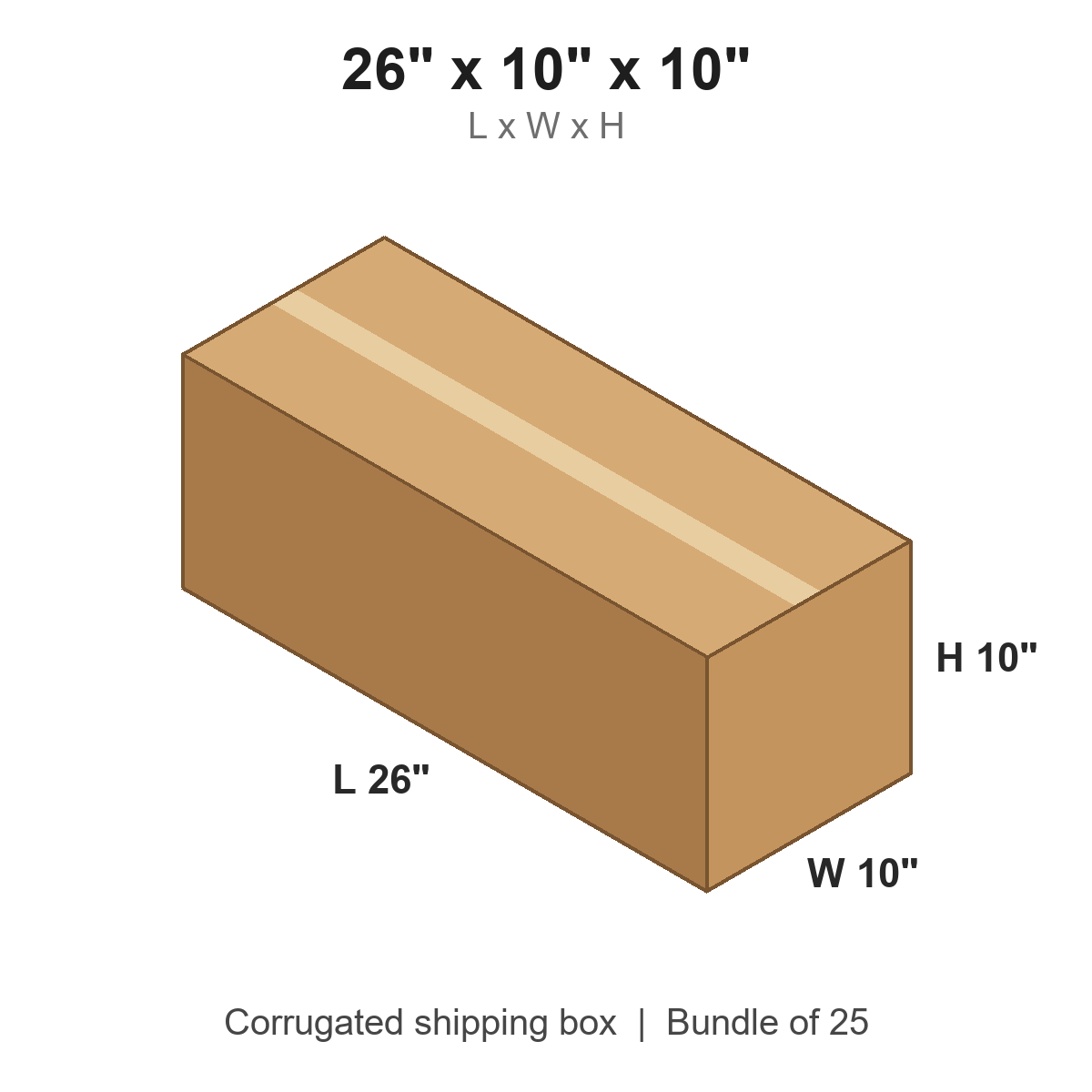 26x10x10 Long Corrugated Shipping Boxes (26 x 10 x 10 in), Bundle of 25