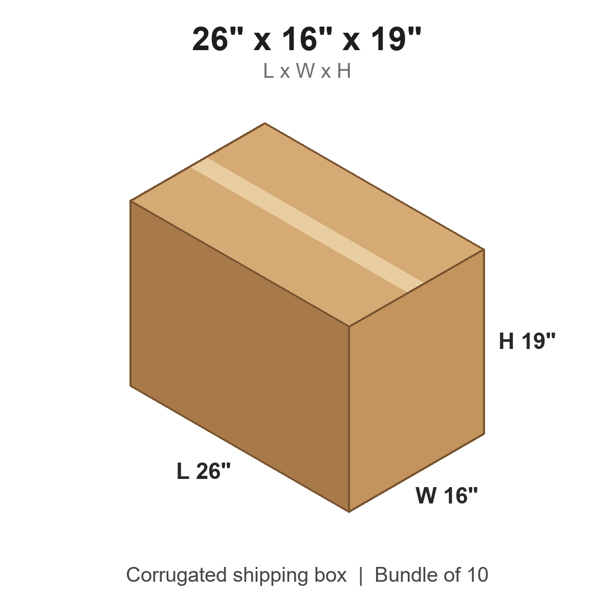 26x16x19 Corrugated Shipping Boxes (26 x 16 x 19 in), Bundle of 10