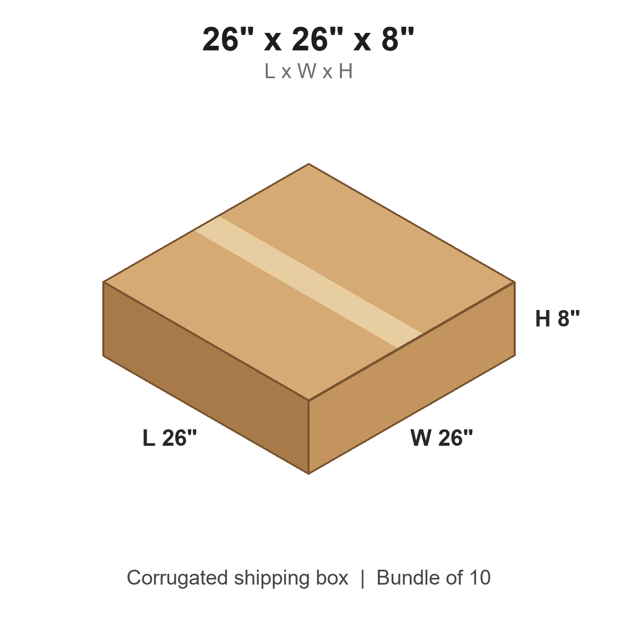 26x26x8 Flat Corrugated Shipping Boxes (26 x 26 x 8 in), Bundle of 10