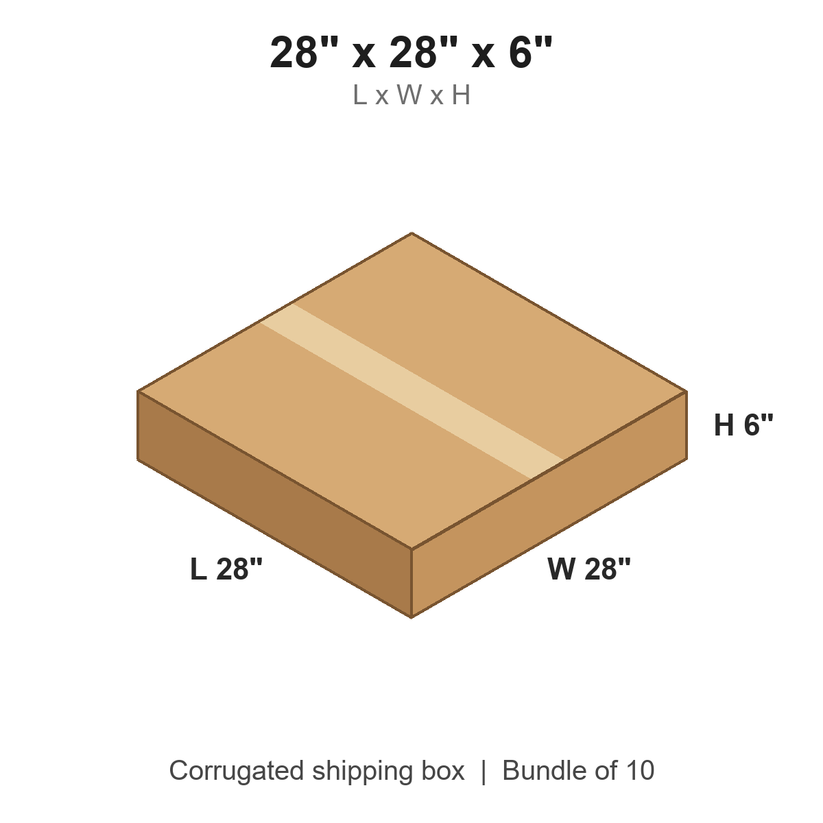 28x28x6 Flat Corrugated Shipping Boxes (28 x 28 x 6 in), Bundle of 10