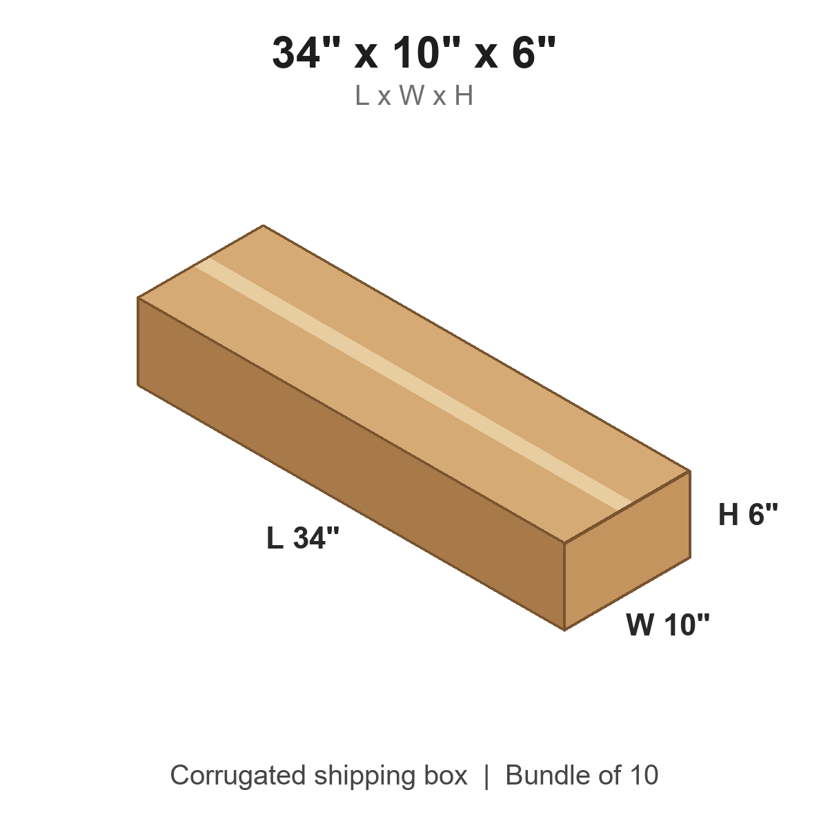 34x10x6 Long Corrugated Shipping Boxes (34 x 10 x 6 in), Bundle of 10