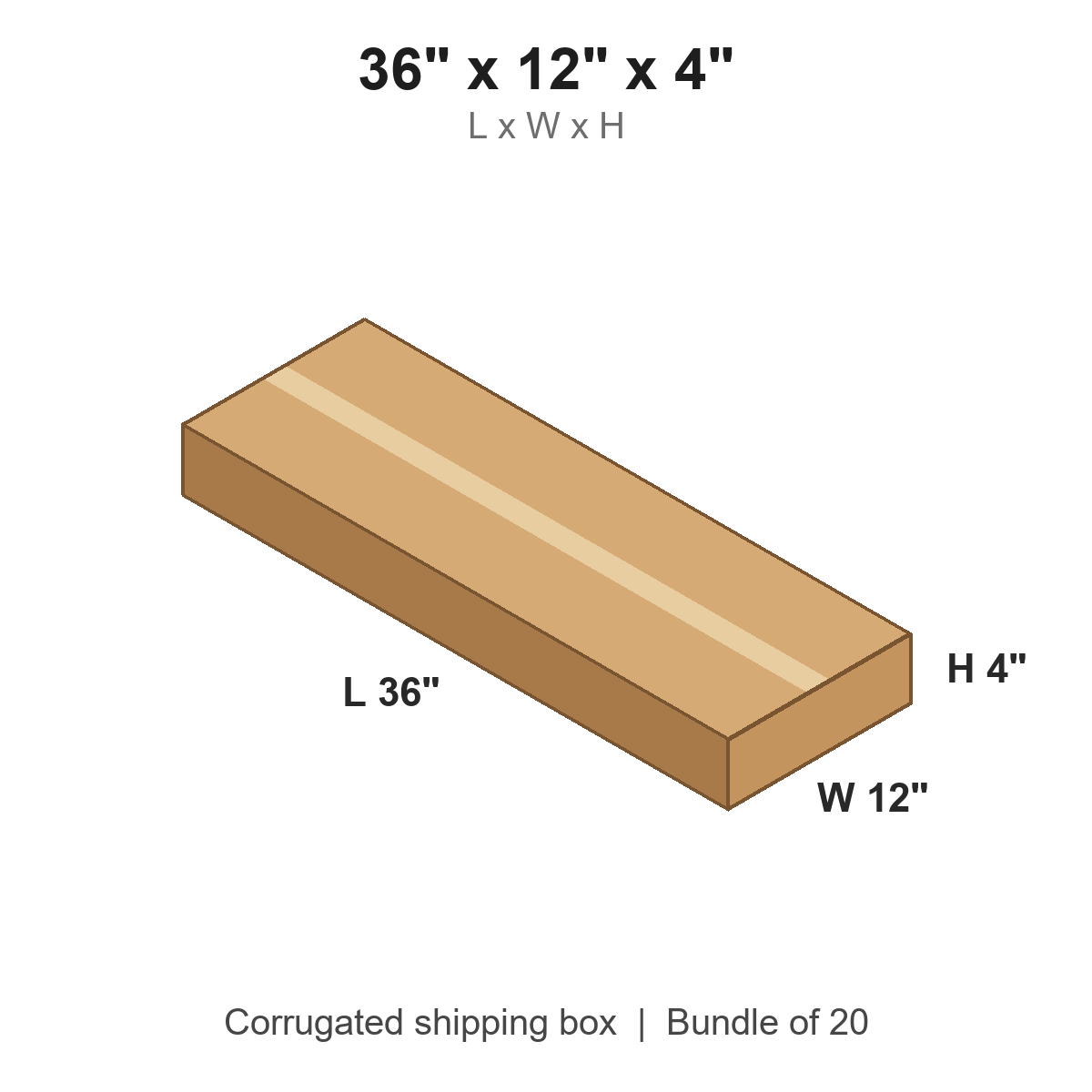 36x12x4 Flat Corrugated Shipping Boxes (36 x 12 x 4 in), Bundle of 20