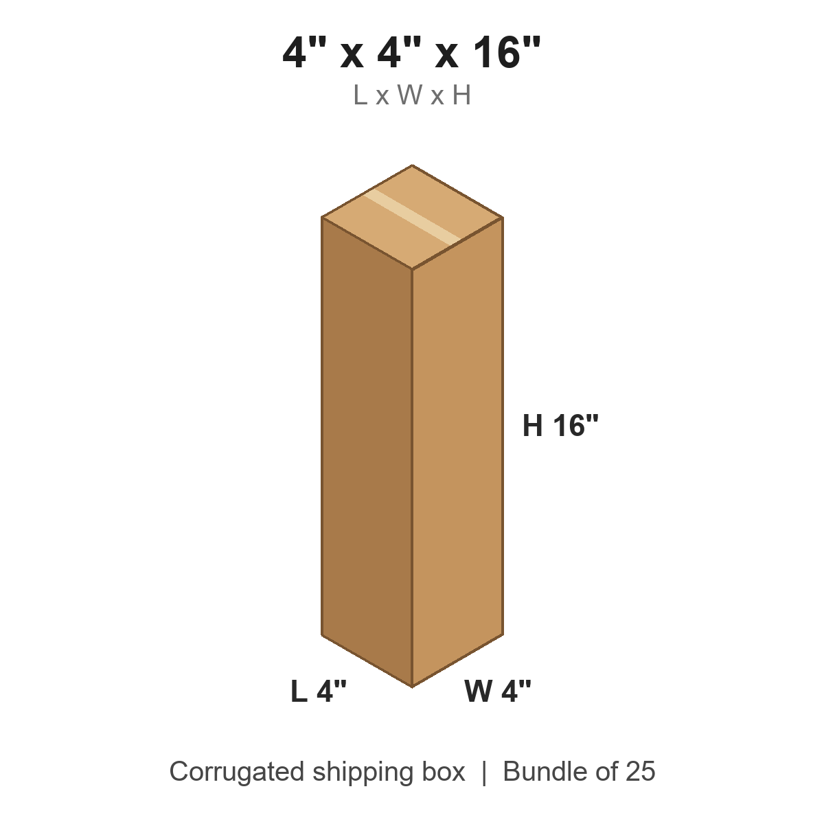 4x4x16 Tall Corrugated Shipping Boxes (4 x 4 x 16 in), Bundle of 25