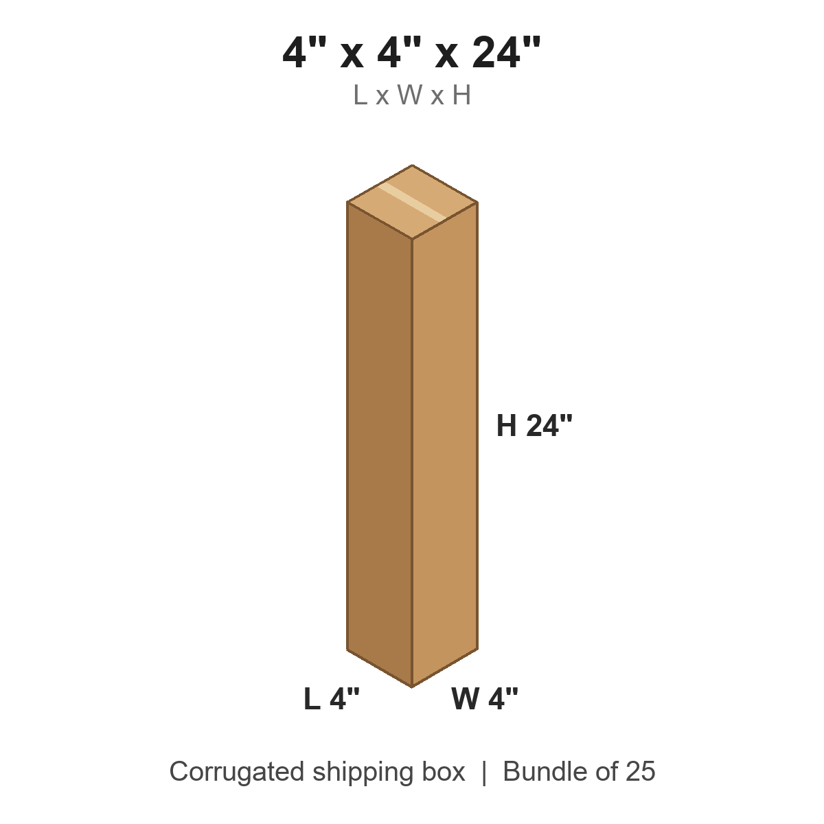 4x4x24 Tall Corrugated Shipping Boxes (4 x 4 x 24 in), Bundle of 25