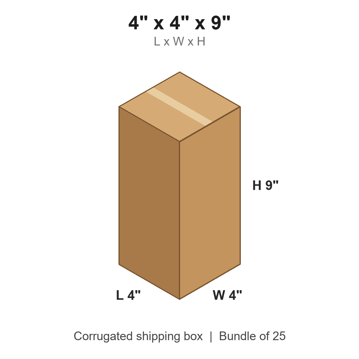 4x4x9 Tall Corrugated Shipping Boxes (4 x 4 x 9 in), Bundle of 25