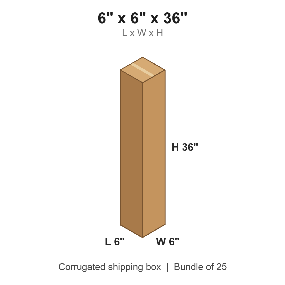 6x6x36 Tall Corrugated Shipping Boxes (6 x 6 x 36 in), Bundle of 25