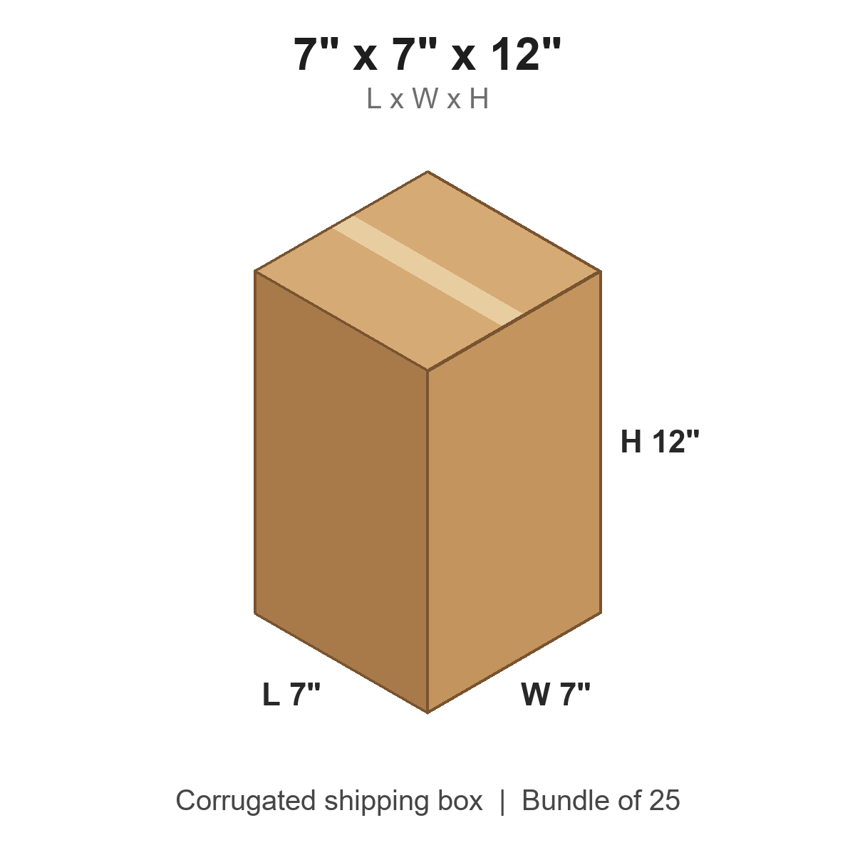 7x7x12 Tall Corrugated Shipping Boxes (7 x 7 x 12 in), Bundle of 25