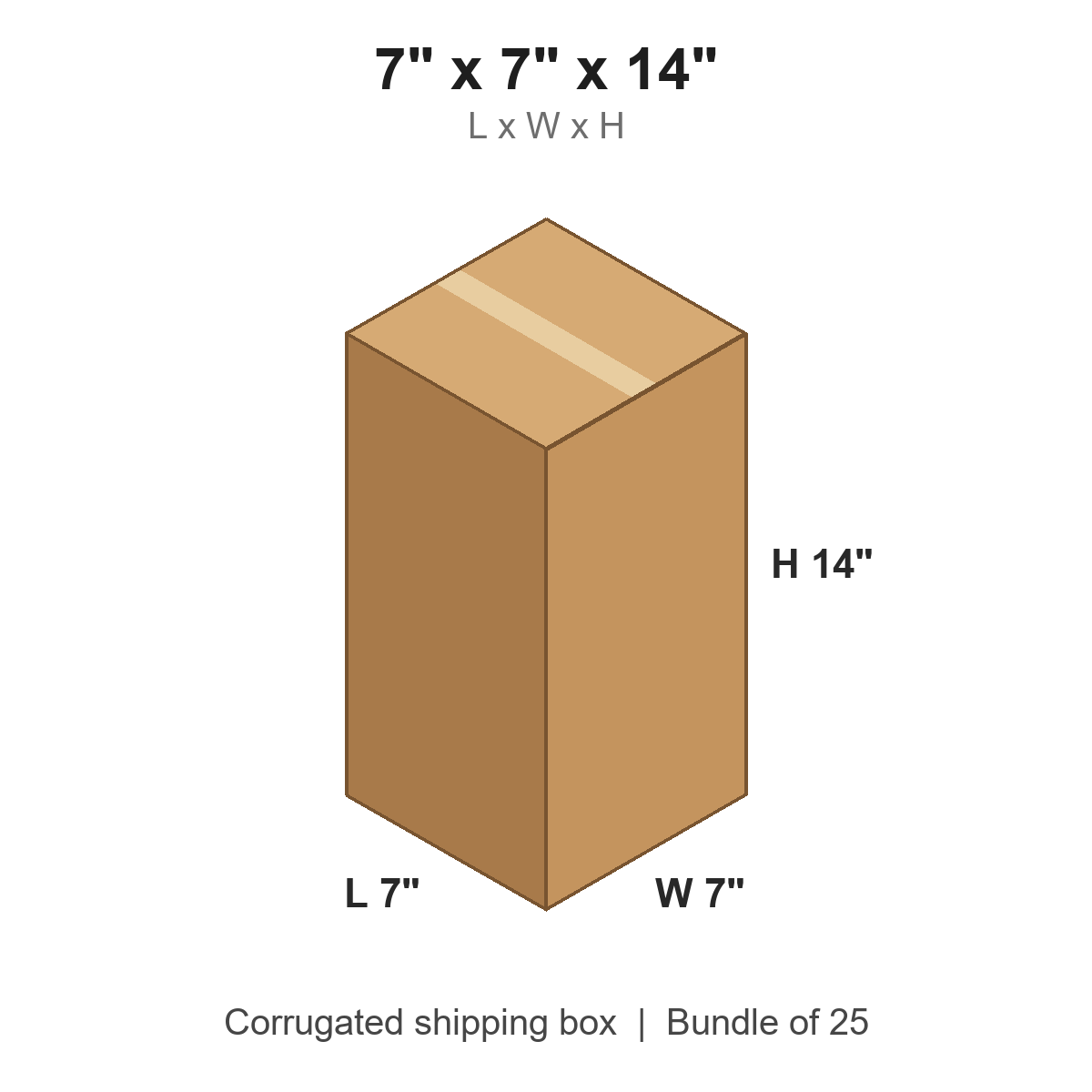 7x7x14 Tall Corrugated Shipping Boxes (7 x 7 x 14 in), Bundle of 25