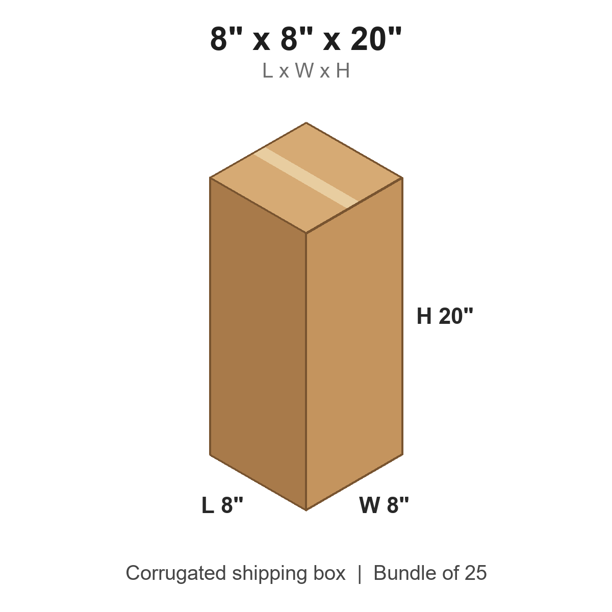 8x8x20 Tall Corrugated Shipping Boxes (8 x 8 x 20 in), Bundle of 25