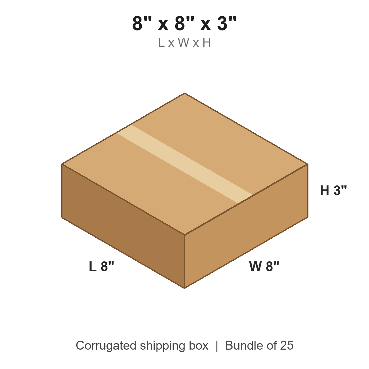8x8x3 Flat Corrugated Shipping Boxes (8 x 8 x 3 in), Bundle of 25