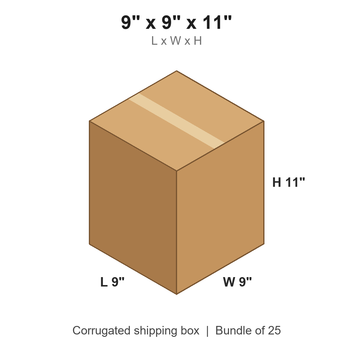 9x9x11 Corrugated Shipping Boxes (9 x 9 x 11 in), Bundle of 25