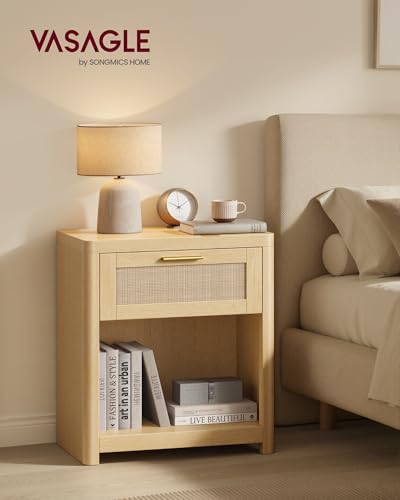 Set of 2 Boho Nightstands with Rattan (Oak Beige / 15"D x 18.9"W x 23.6"H-BOHO)