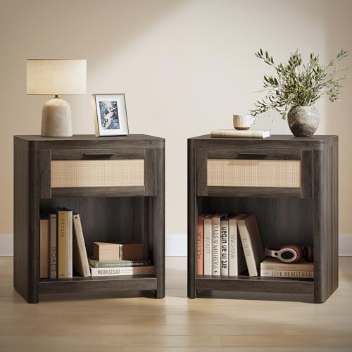 Set of 2 Boho Nightstands with Rattan (Taupe Brown / 15"D x 18.9"W x 23.6"H-BOHO)